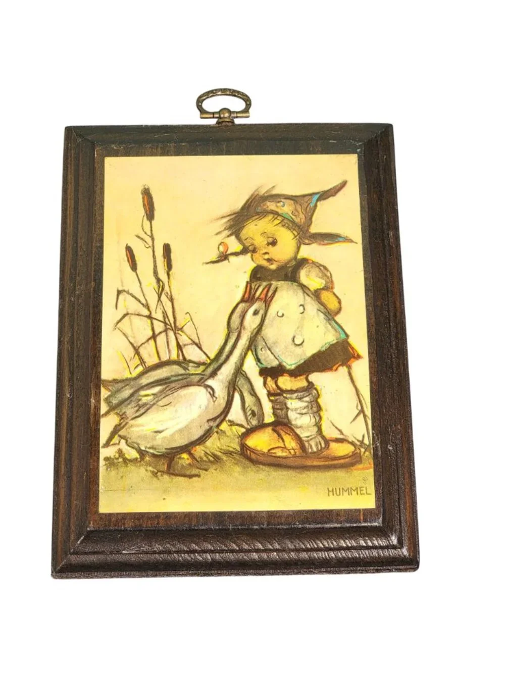 Vintage 40s Hummel Print on Wood Little Goose Girl Wall Hanging Plaque Home Deco
